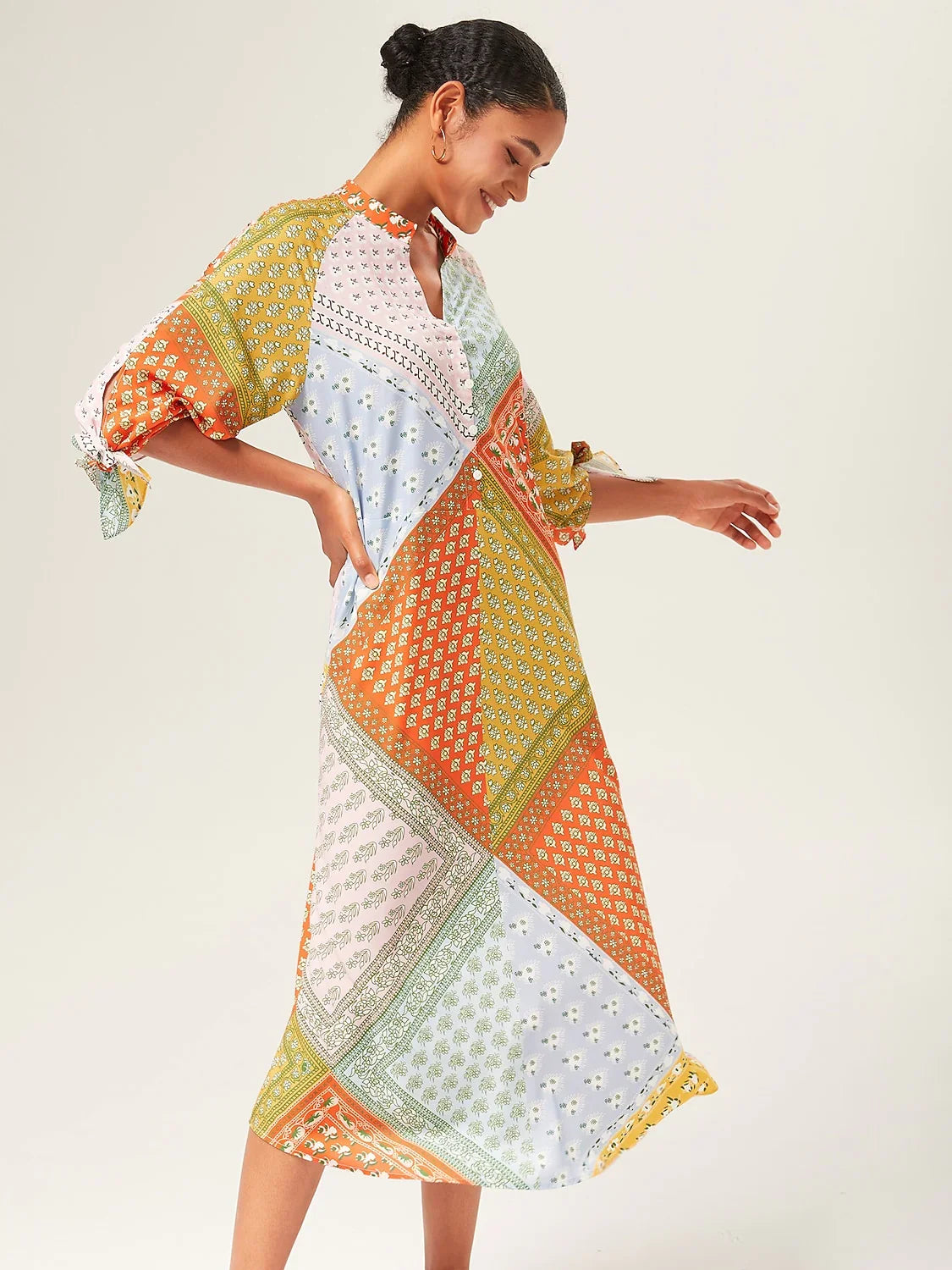 Colorful Print Tie Shirt Maxi Dress