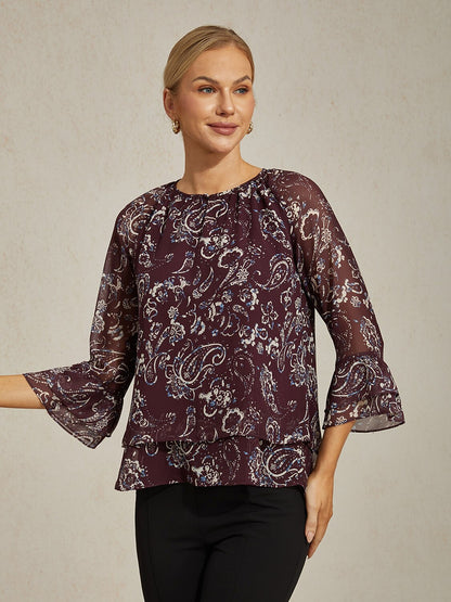Wine Floral Print Layered Chiffon Blouse