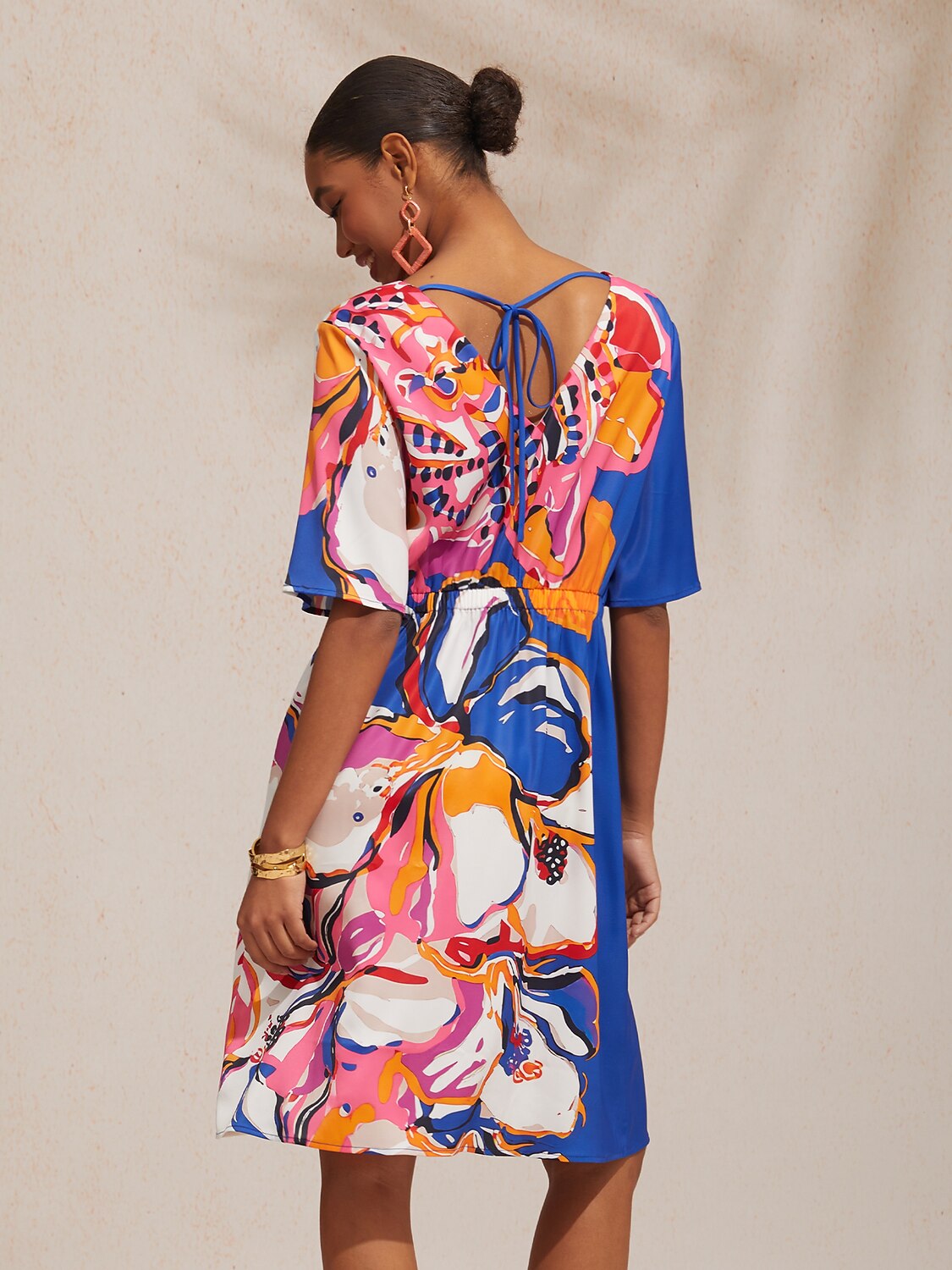 Bird Flower Silky Satin Straight Mini Dress