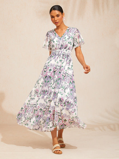 Mint Paisley Flora Flowy Chiffon Maxi Dress