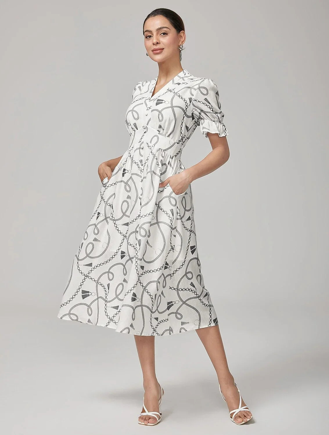 Chain Print Smocked Back Corset Midi Dress