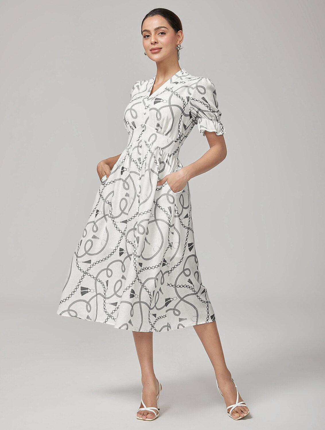 Chain Print Smocked Back Corset Midi Dress