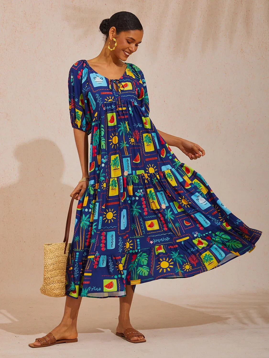 Summer Escape Geometric A-Line Satin Maxi Dress