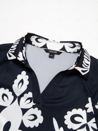 Satin Ethnic Print Raglan Modern Lapel Black Print Top