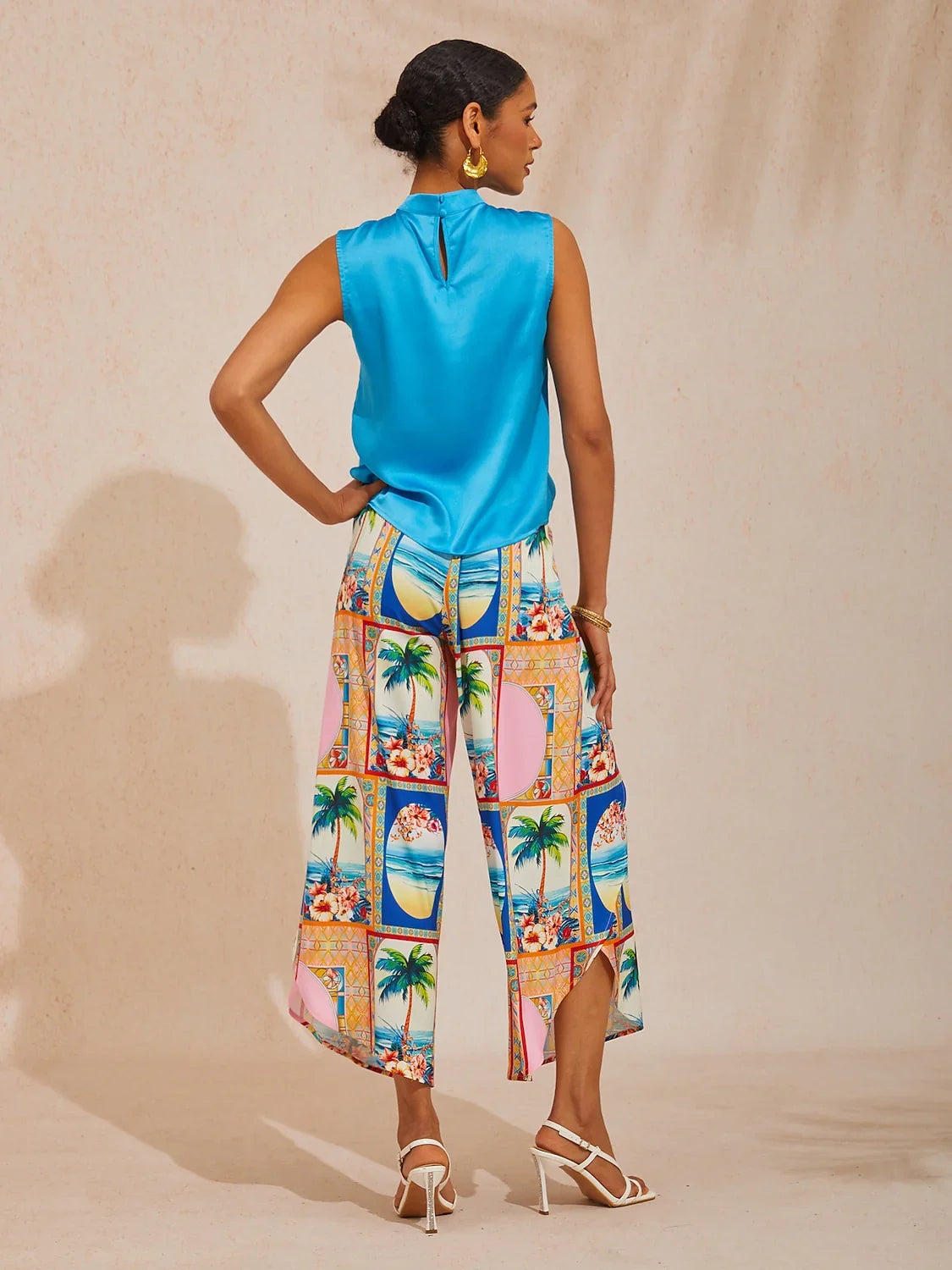 Summer Escape Curved Hem Cross-over Satin Wide leg Pants