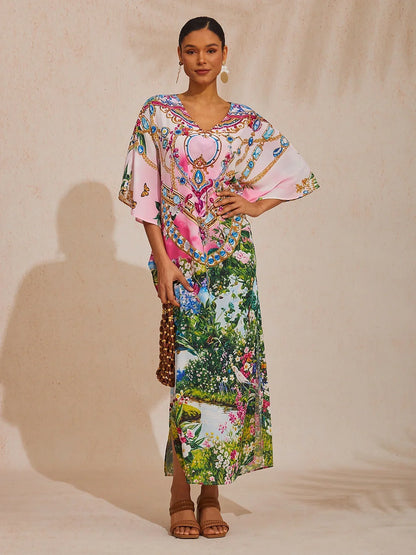 Pink Jungle Party Flowy Chiffon Diamond Maxi Dress