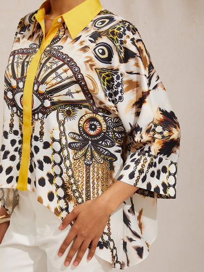 Vintage Leopard Jewelry Silky Satin Dolman Sleeve Shirt