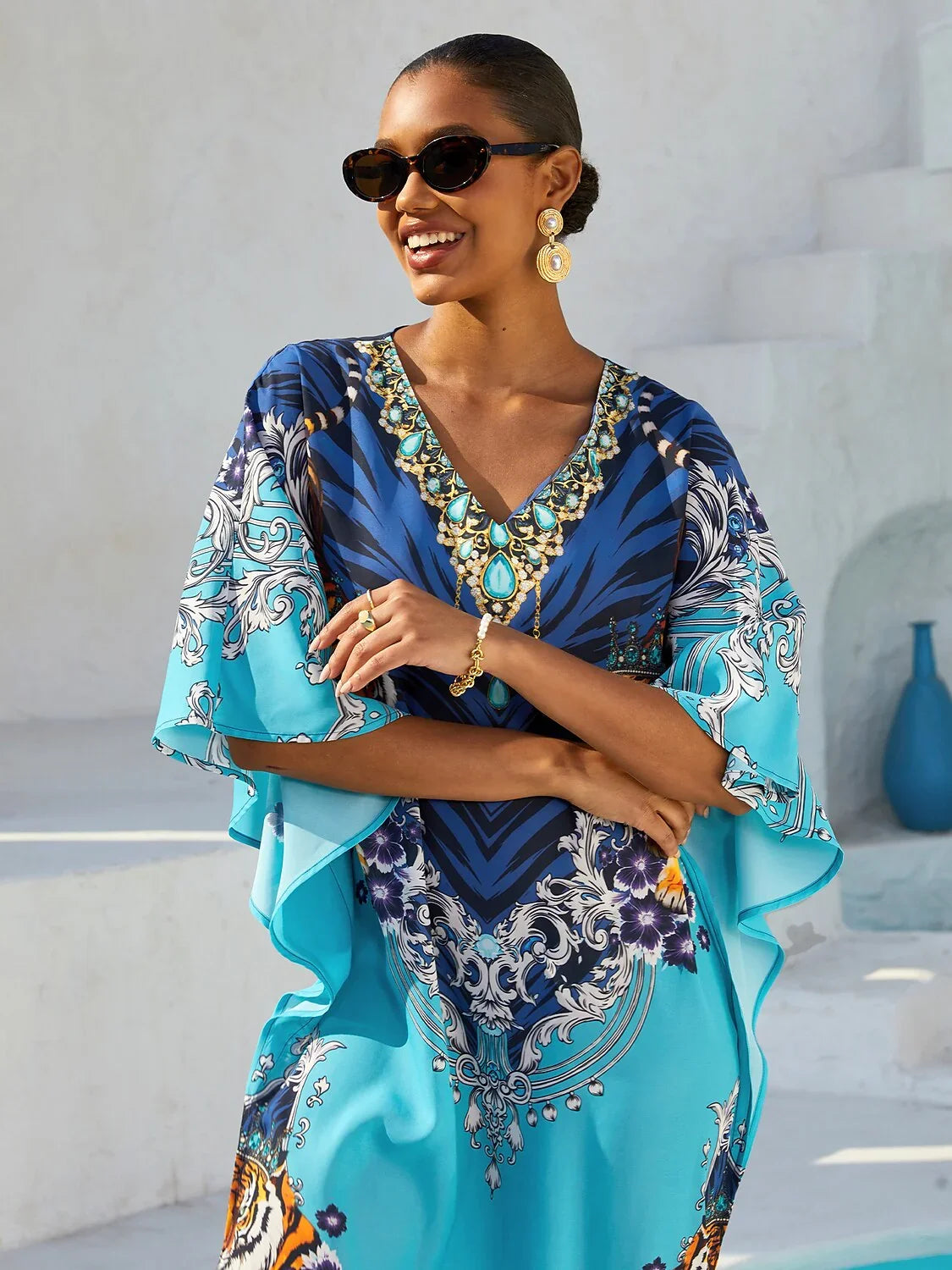 Indigo Tigress Flowy Chiffon Maxi Dress