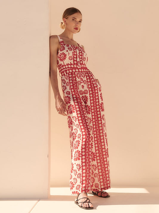 Satin Geometric Floral Print Cami Jumpsuit Vacation