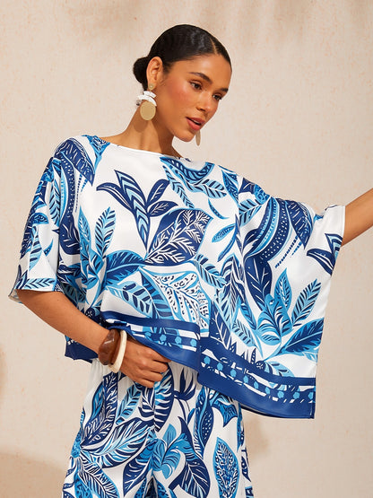 Azure Leaves  Silky Satin Dolman Batwing Top