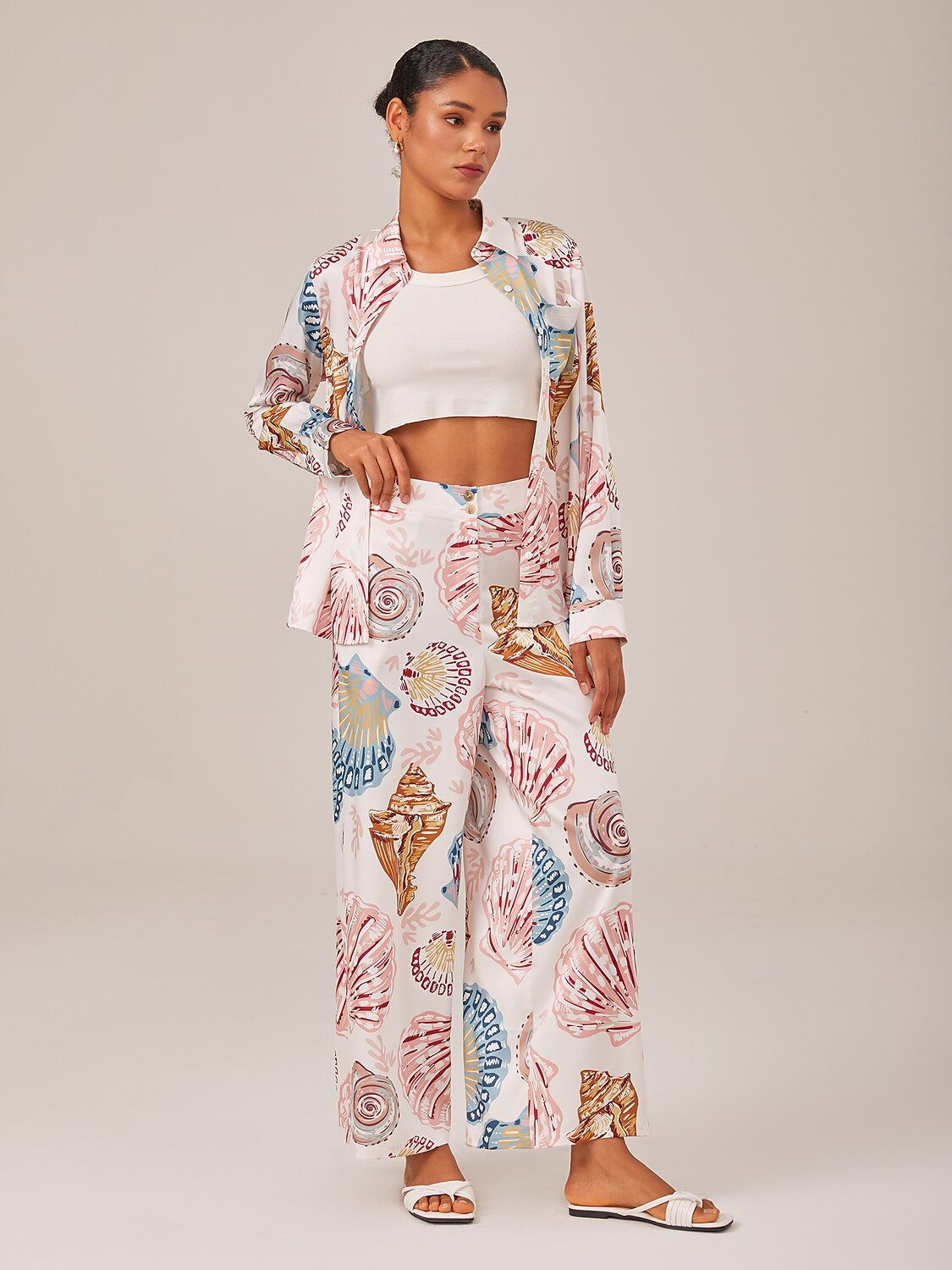 Camisa de Manga Larga Holgada con Botones Estampada Shell