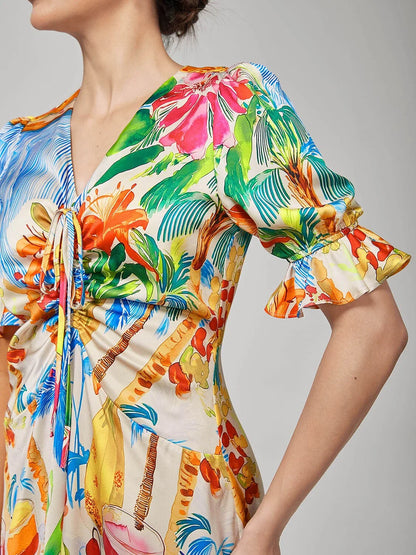 Fruit Floral Print Cinched Waist Dress