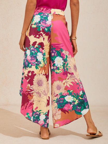 Fiery Pink Rose Silky Satin Slit Wide Leg Pants