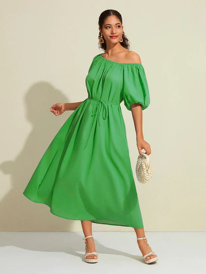 Cotton Resort Loose Fit Off-Shoulder Puff Maxi Dress
