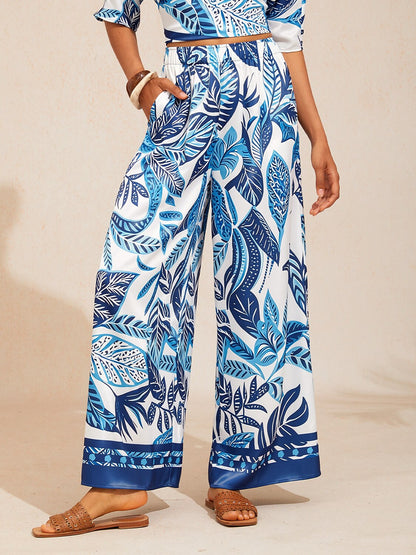 Azure Leaves Silky Satin Wide Leg Pants