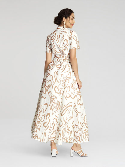 Abstract Floral Linen-Style Classic Shirt Dress