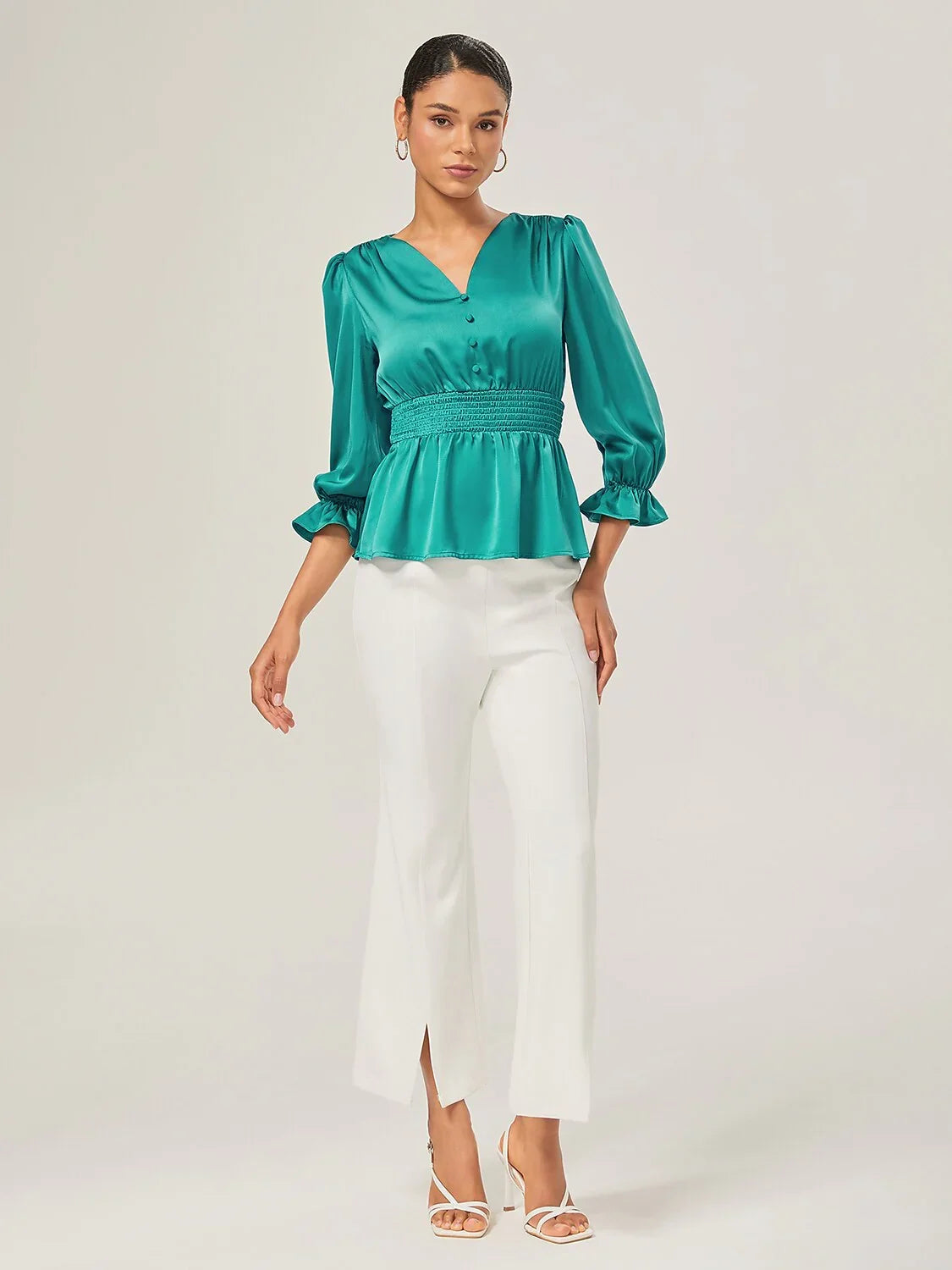Elegant Lake Green Satin Cinched Blouse