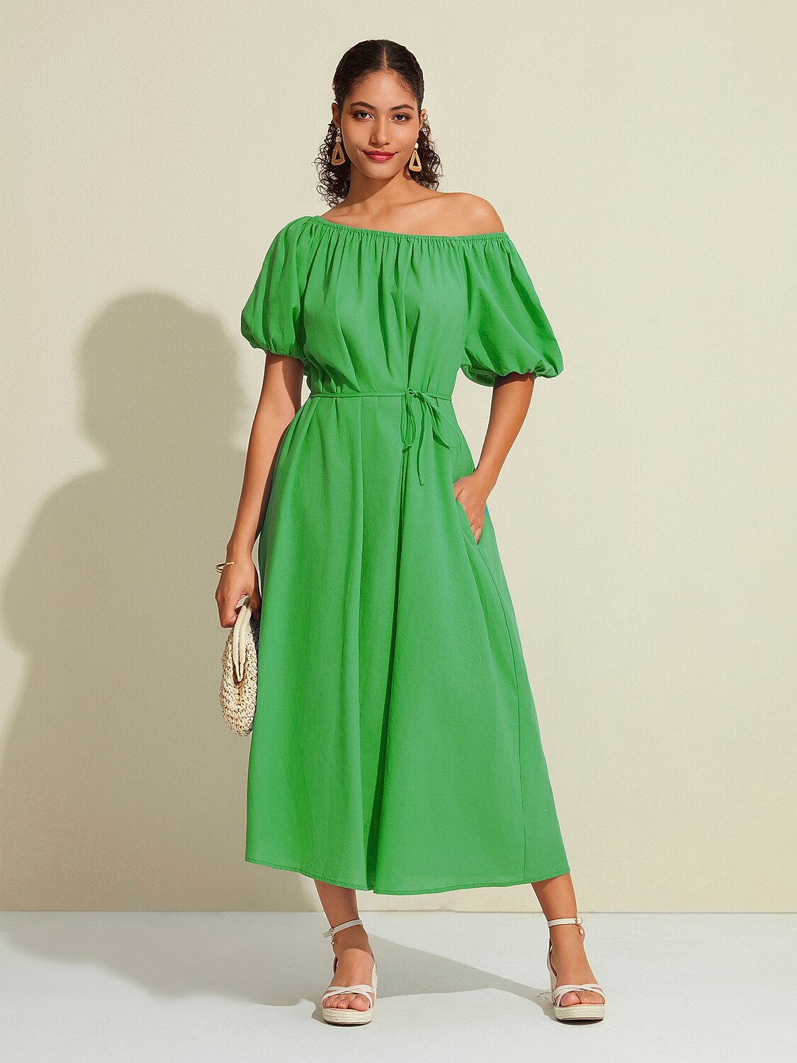 Cotton Resort Loose Fit Off-Shoulder Puff Maxi Dress – ADOR
