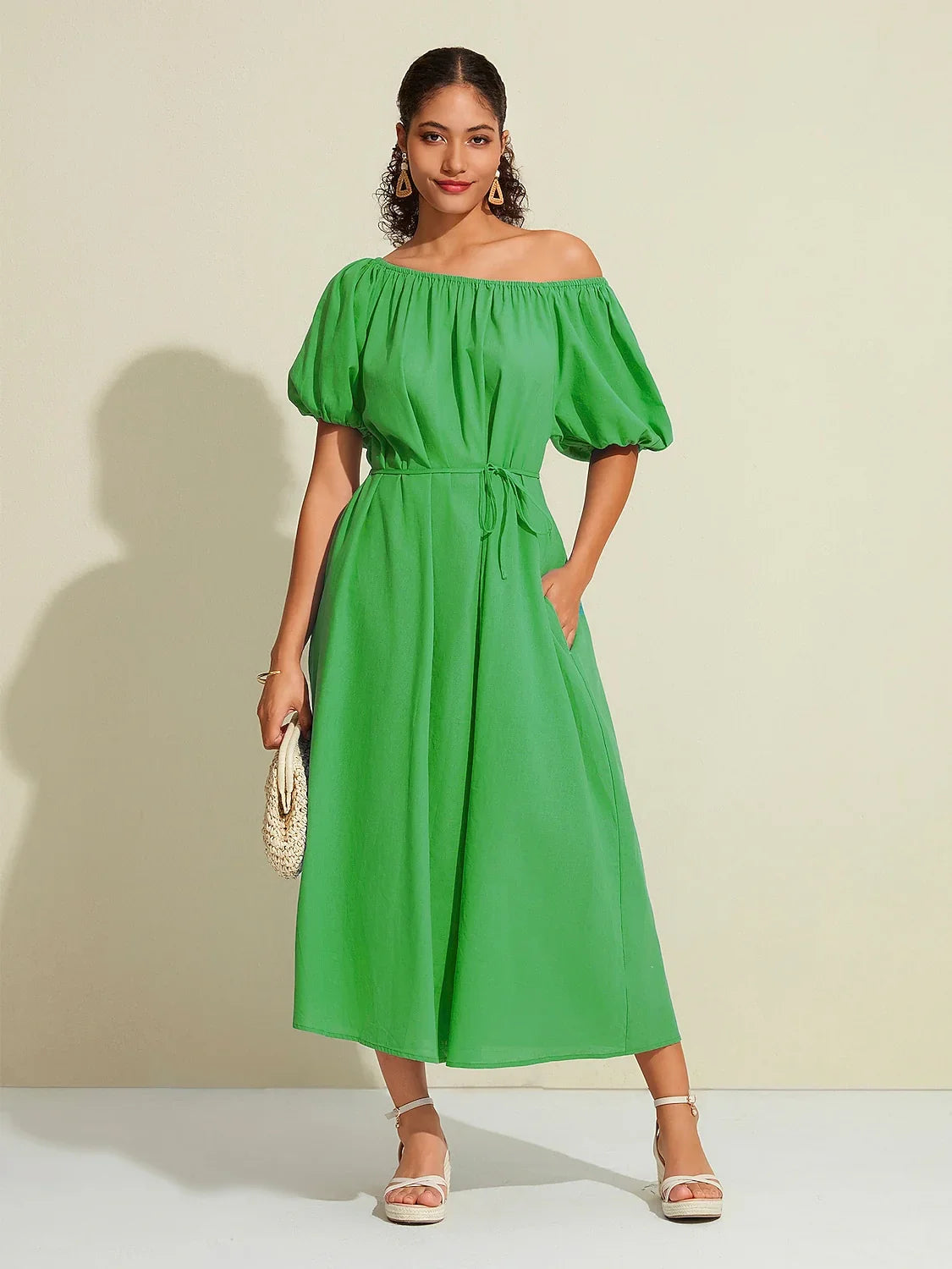 Cotton Resort Loose Fit Off-Shoulder Puff Maxi Dress