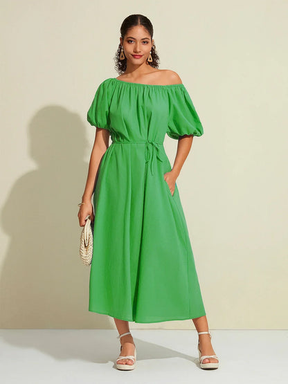 Cotton Resort Loose Fit Off-Shoulder Puff Maxi Dress