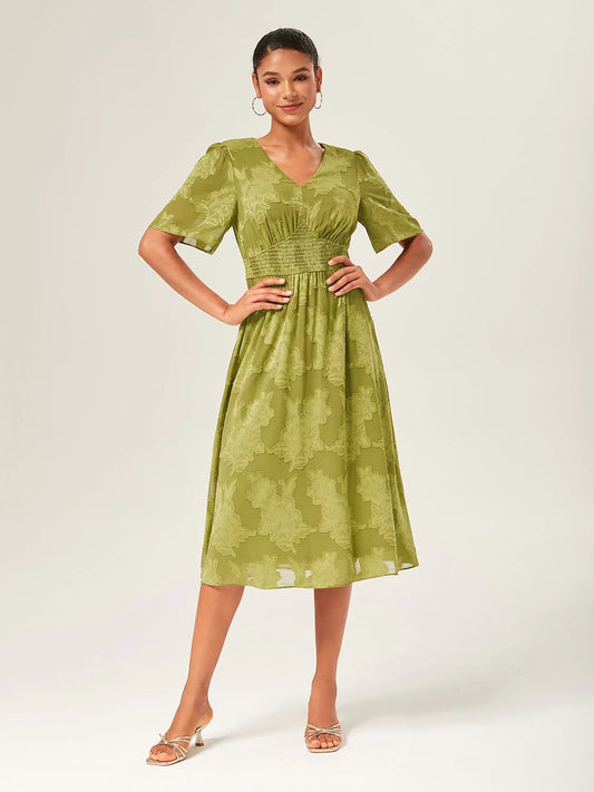 Green Chiffon Short Jacquard Midi Dress