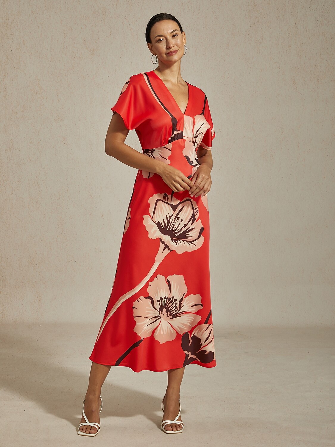 Red Floral Print Silky Satin Maxi Dress