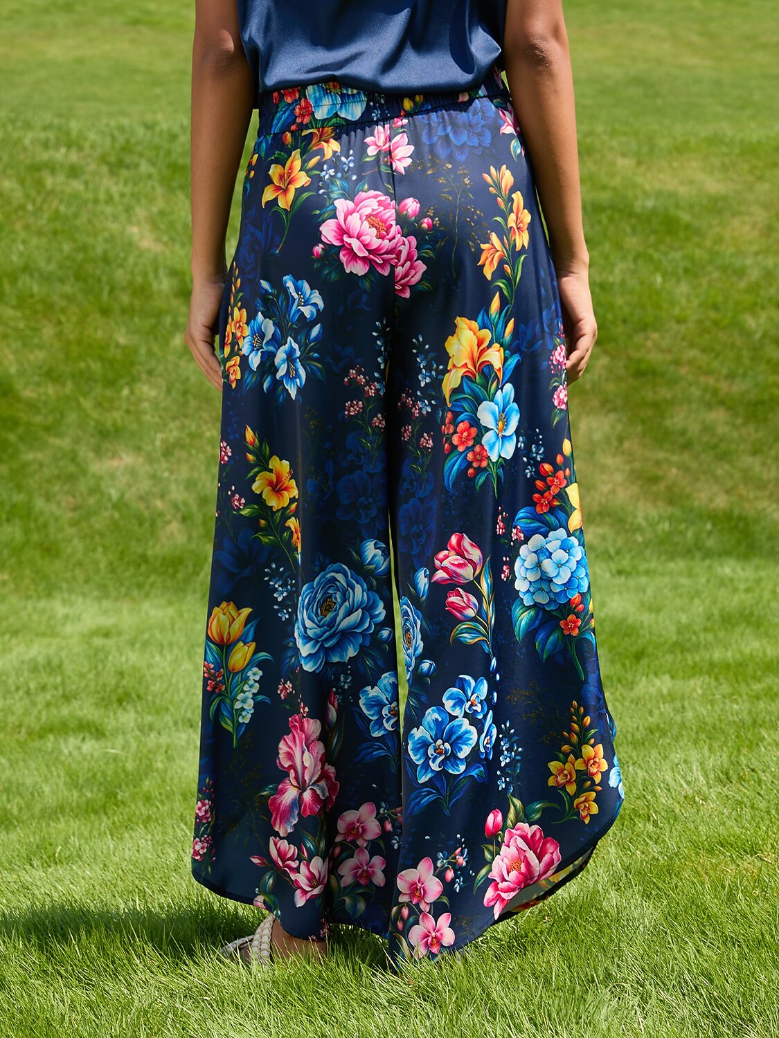 Sapphire Rose Garden Silky Satin Slit Wide Leg Pants
