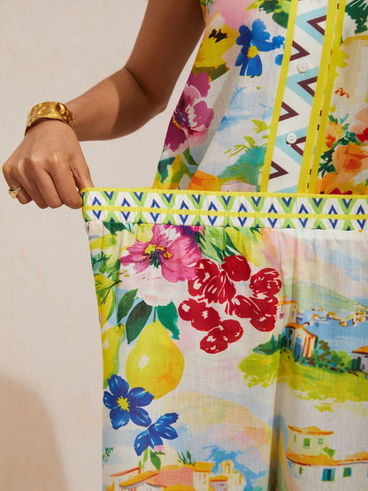 Holiday Citrus Garden Airy Linen Look Wide Leg Pants