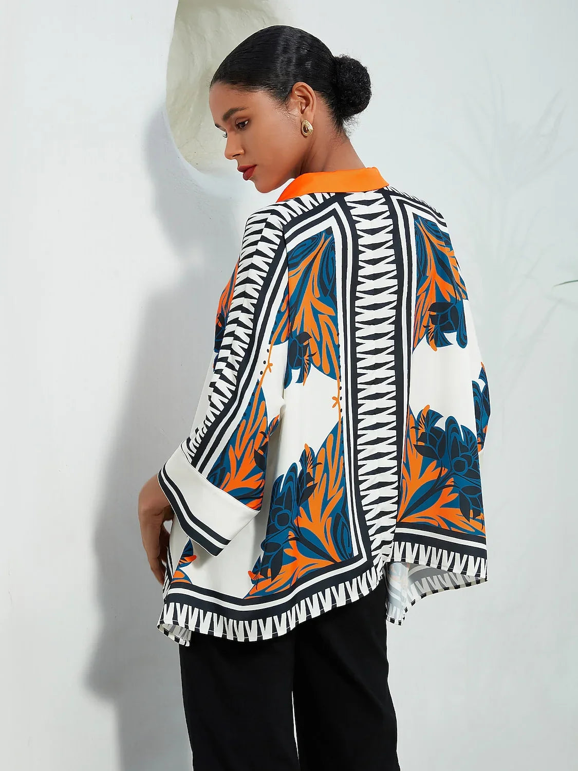Satin Ethnic Print Block Printing Collar Shirt