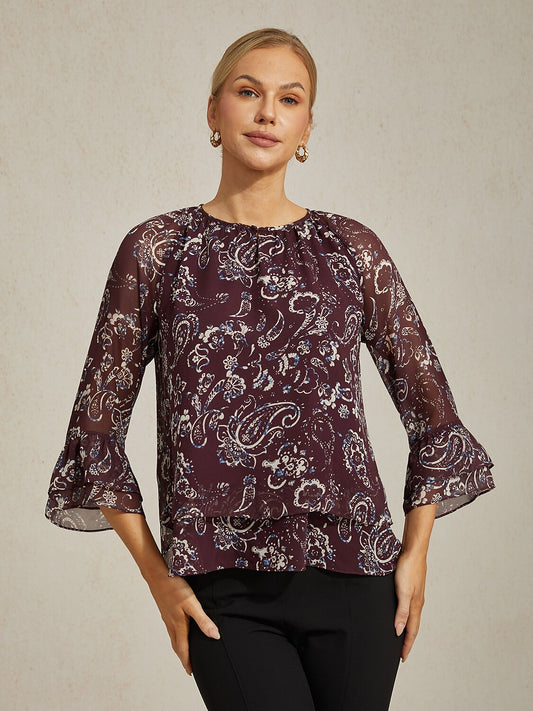 Wine Floral Print Layered Chiffon Blouse