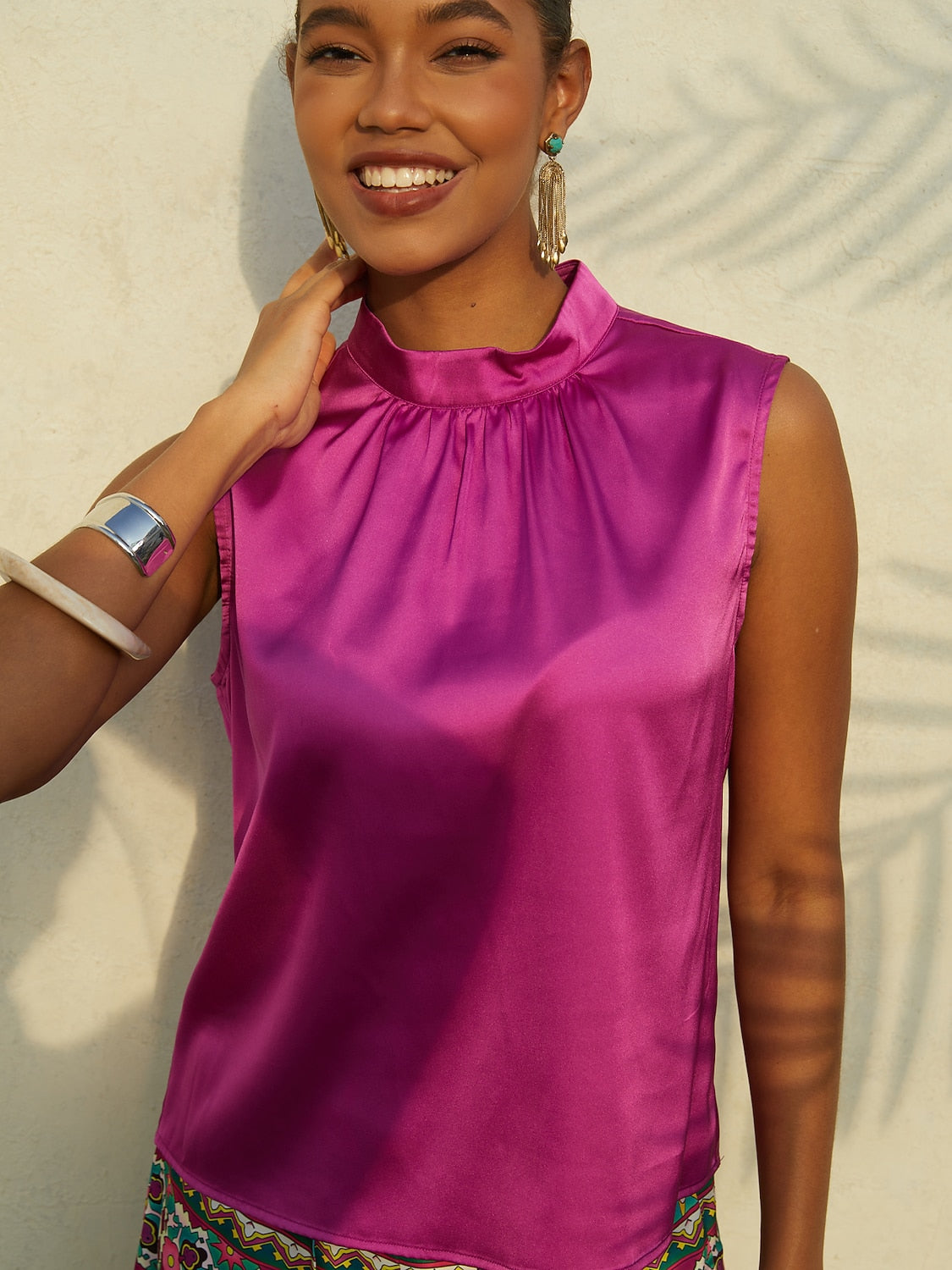 Satin Stand Collar Sleeveless Wide Shoulder Top Casual Vacation