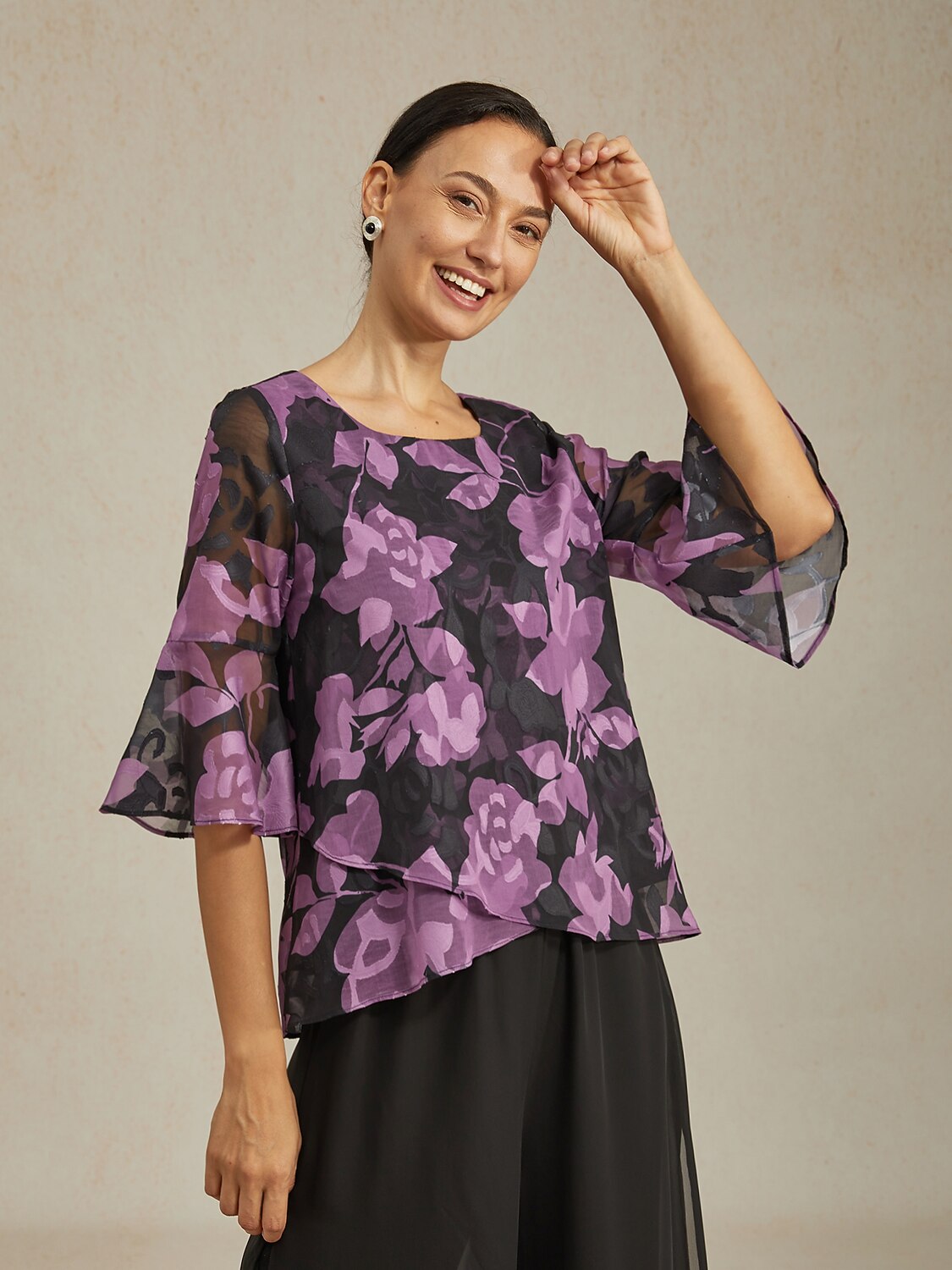 Purple Floral Print Round Neck Chiffon Blouse