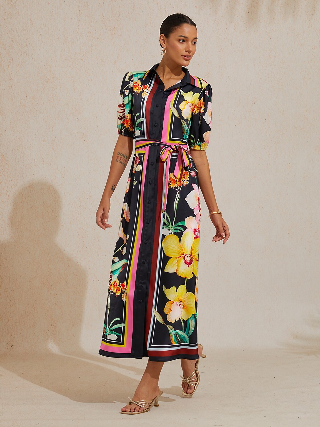 Midnight Floral Carnival Silky Satin Midi Dress