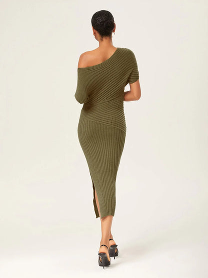 Olive Green One-Shoulder Knitted Bodycon Maxi Dress