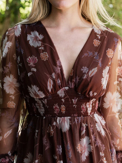 V-Neck Floral Mesh Maxi Dress