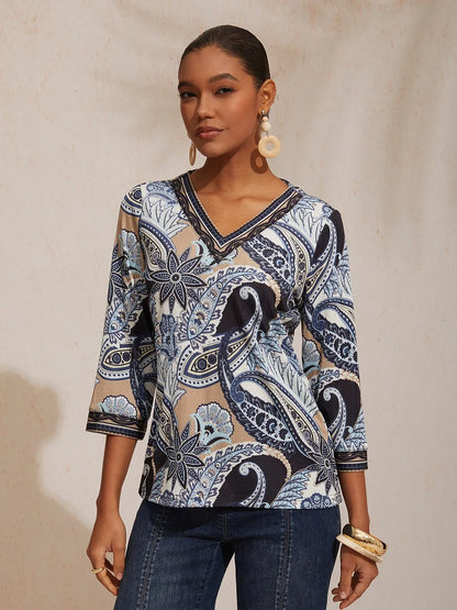 Abstract Paisley Pattern High Stretch Knit Top
