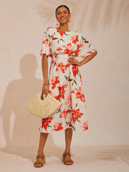 Spring Blooms Flowy Chiffon Waist-cinching Maxi Dress