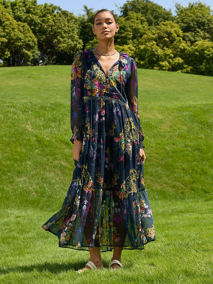 Midnight Jewel Bloom Flowy Chiffon Maxi Dress