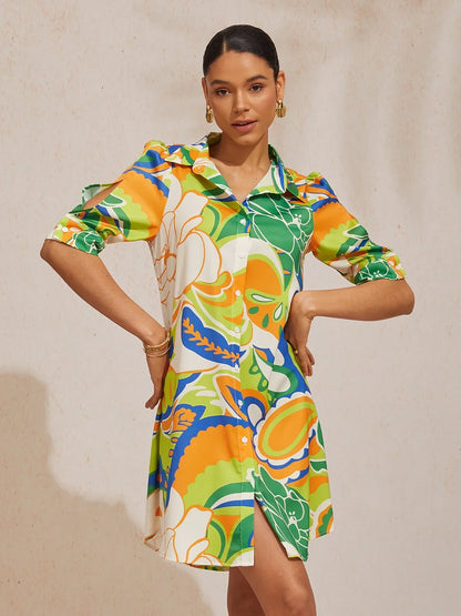 Mallorca Blossom Silky Satin Straight Shirt Dress