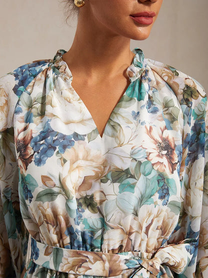 Floral Print Flowy Chiffon Vacation Maxi Dress