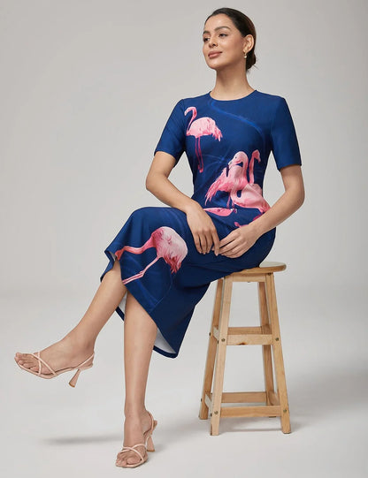 Royal Blue Short Sleeves Flamingo Print Dress