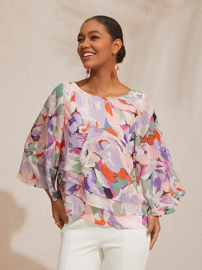 Wild Hibiscus Dream Flowy Chiffon Layered Blouse
