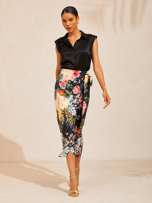 Moonlight Blossom Silky Satin Wrap Skirt