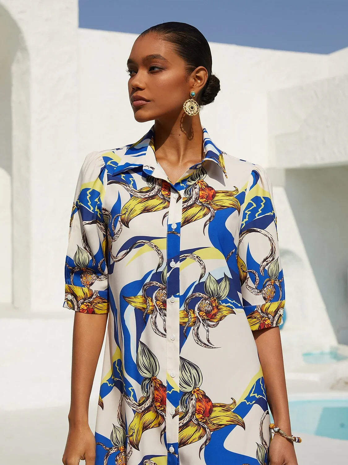 Ocean Blue Orchid Silky Satin Floral Shirt Dress