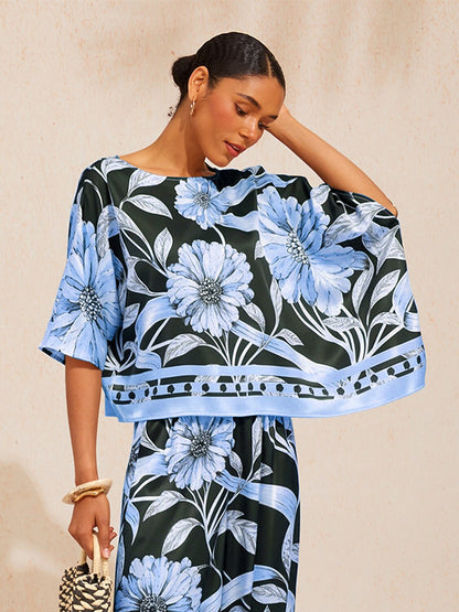 Glacier Blue Petal Silky Satin Dolman Sleeve Top
