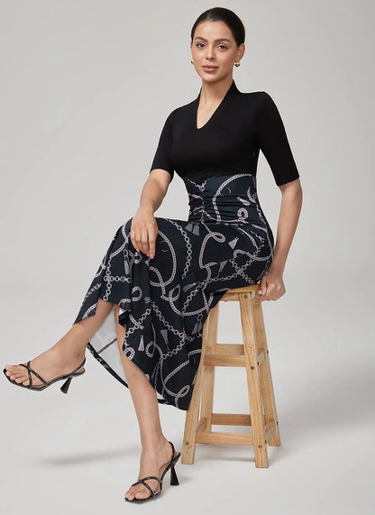 Lyocell Chain Print Colorblock Fishtail Dress