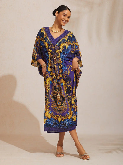 Midnight Blue Baroque Flowy Chiffon Dolman Sleeve Kaftan