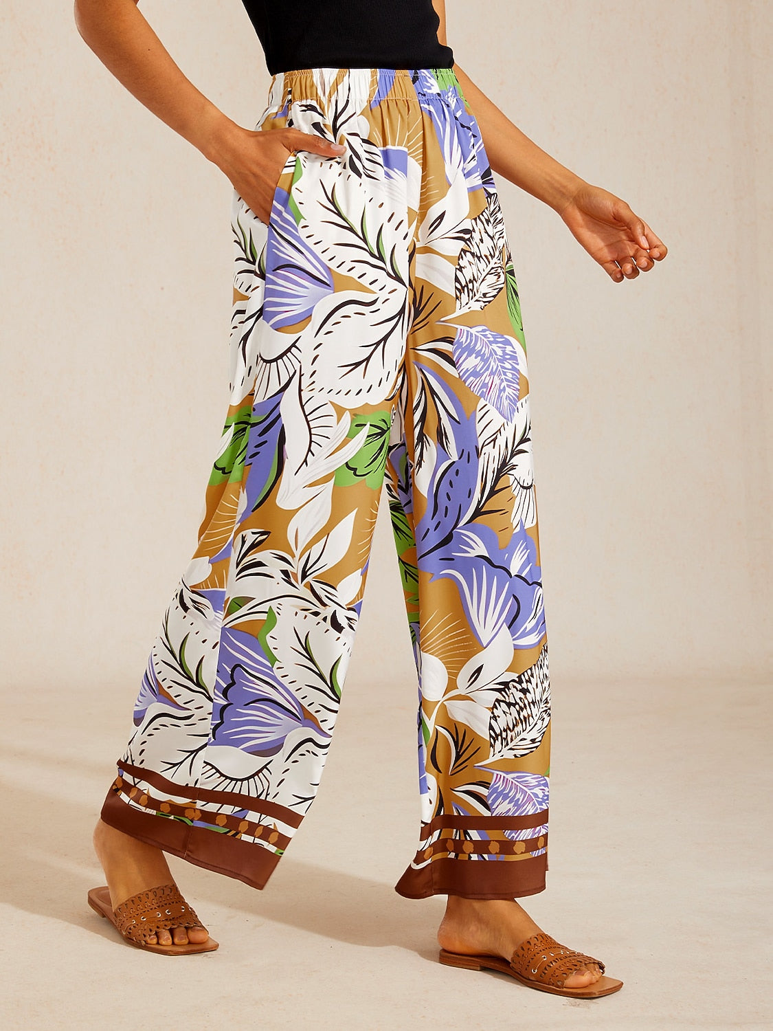 Pastel Floral Garden  Satin Wide Leg Pants