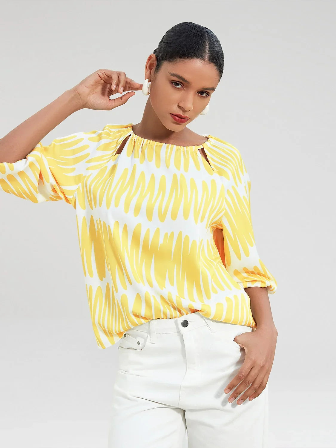 Satin Puff Hollow Out Raglan Shirt