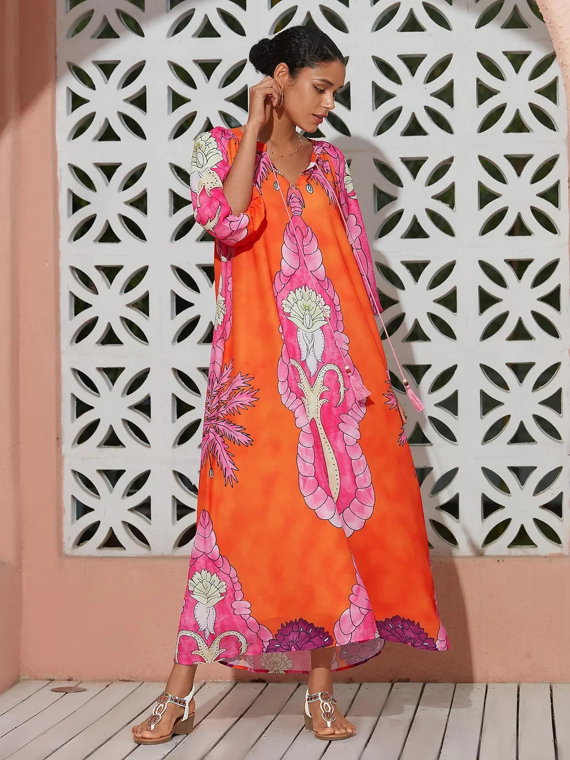 Chiffon Plant Print String Maxi Dress